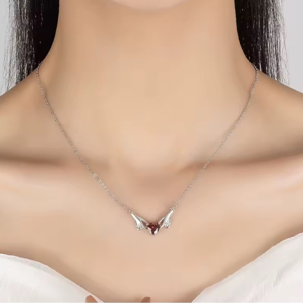 18K White Gold (Rhodium) Claddagh Inspired Hands Holding Gemstone Heart Necklace - Picture 3 of 7